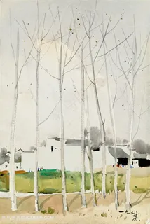 吴冠中手绘树乡村风景画装饰画