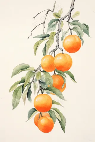 橘子树枝水彩插画素材 