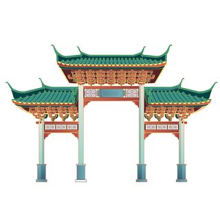 中国风复古式国潮门楼手绘城门插画牌楼建筑AI素材png免扣图