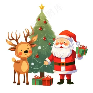 圣诞老人圣诞树礼物驯鹿卡通插画免抠