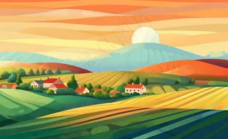 乡村村庄美丽风景河流插画农田插画背景