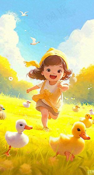 儿童节可爱鸭子奔跑，蓝天白云草地童真玩耍，清新插画