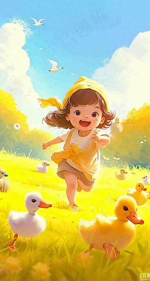 儿童节可爱鸭子奔跑，蓝天白云草地童真玩耍，清新插画