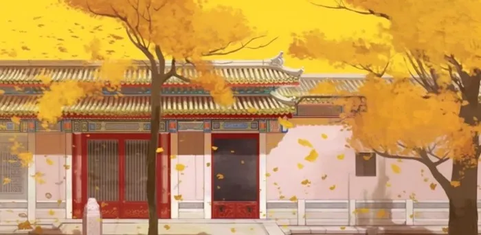 秋季宫墙树木落叶古风背景(1568x768)