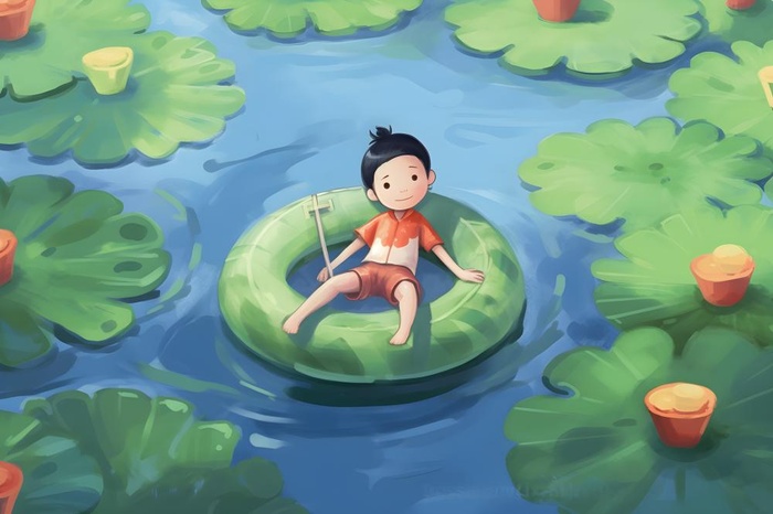 夏日玩水湖面植物荷叶睡莲插画背景(3600x2400)