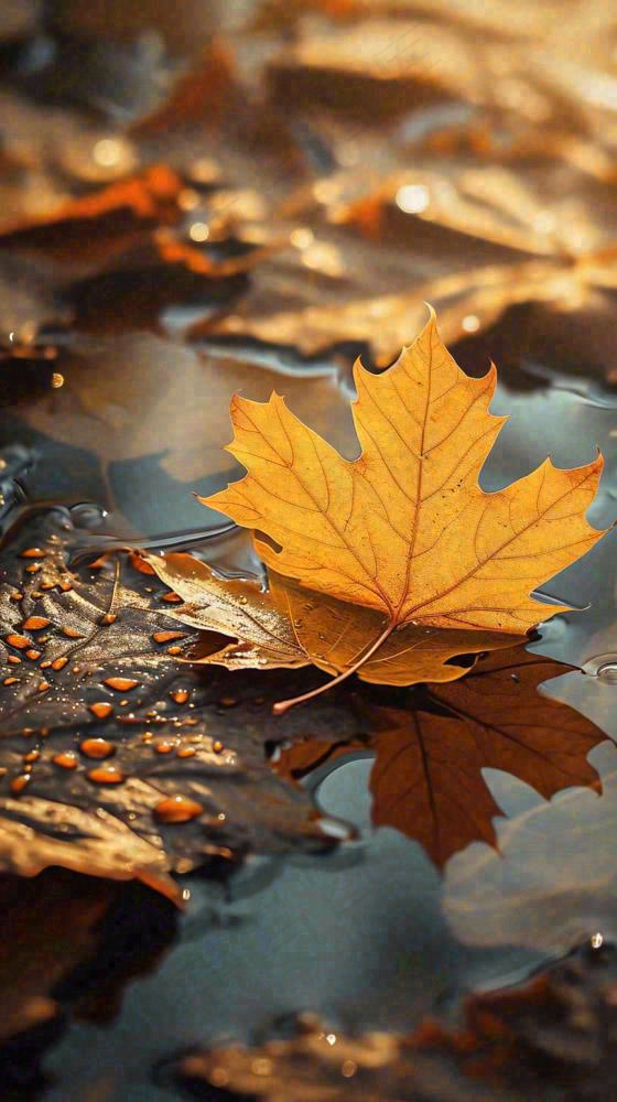 秋天黄色秋叶落叶雨天特写故事感，秋分立秋摄影图