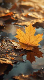 秋天黄色秋叶落叶雨天特写故事感，秋分立秋摄影图