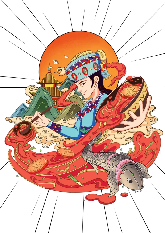 国潮红色火锅插画
