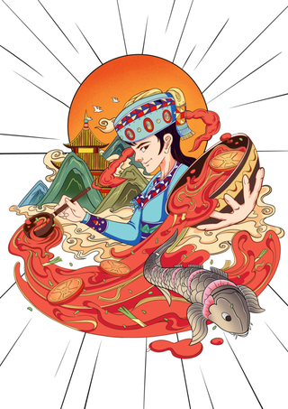 国潮红色火锅插画