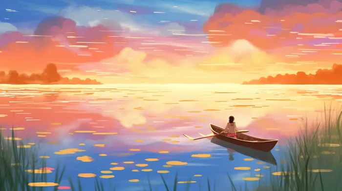 夕阳下女孩在船上划船天空湖泊倒影卡通插画(4368x2448)