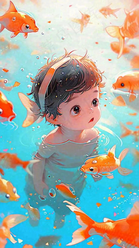 夏天泳池婴儿小孩游泳玩耍金鱼锦鲤，小暑大暑(816x1456)