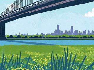 城市河边草地交通风景，春天阳光蓝天白云手绘插画