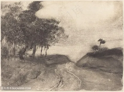 德加手绘黑白道路树林美景装饰画 德加手绘黑白道路树林美景装饰画