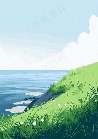 海边蓝天白云草地小花，春天清新海景