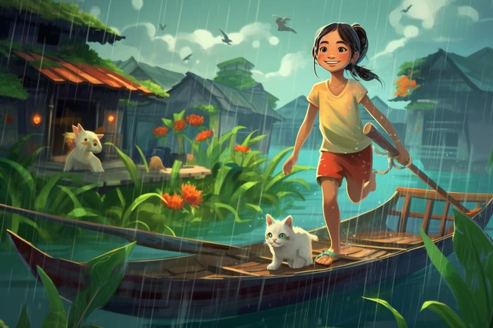 女孩雨天小猫游艇游玩插画背景(1344x896)