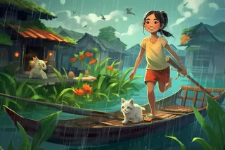 女孩雨天小猫游艇游玩插画背景