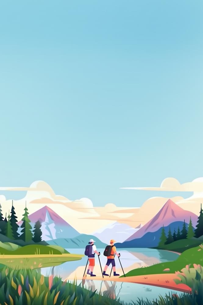 户外登山徒步旅行简约扁平海报背景