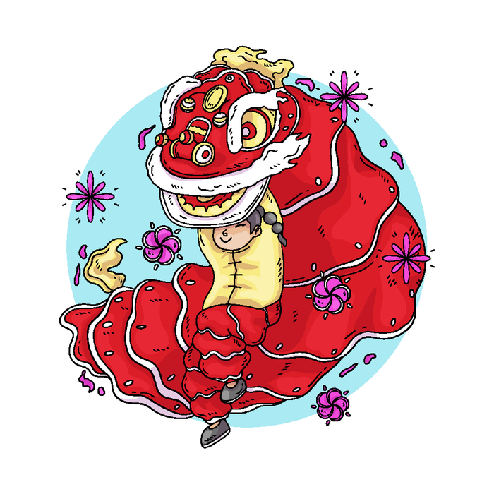 新年虎年舞狮插画 