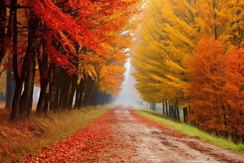 秋天公路边的枫树和银杏树落叶摄影图