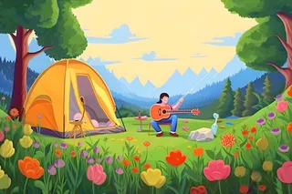 户外野外森林草原露营人们卡通插画背景