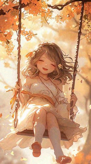 秋天落叶季节少女玩耍荡秋千，秋分儿童