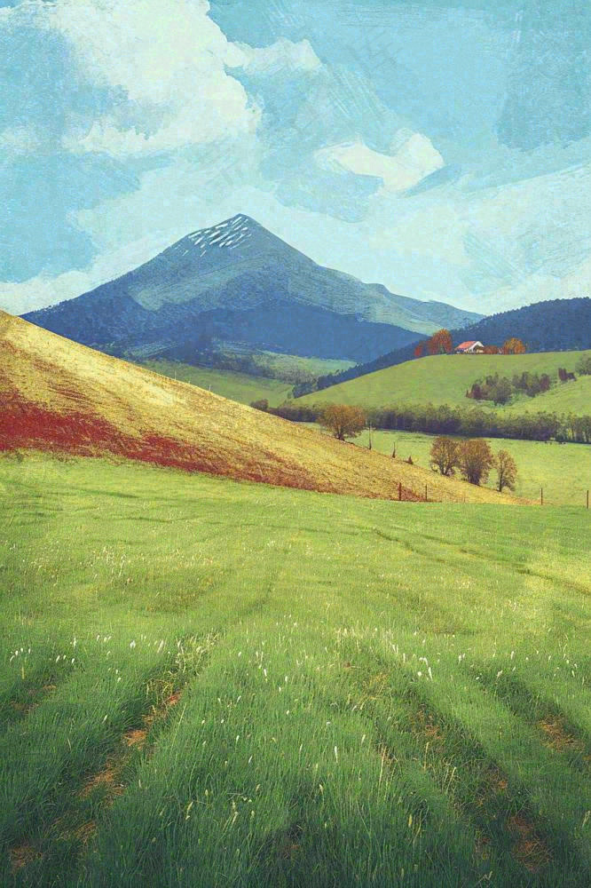 春天郊外绿地草地山脉石头插画手绘，惊蛰春分(896x1344)