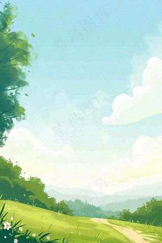 春日郊游草坪小路小花踏青手绘插画，立春春分