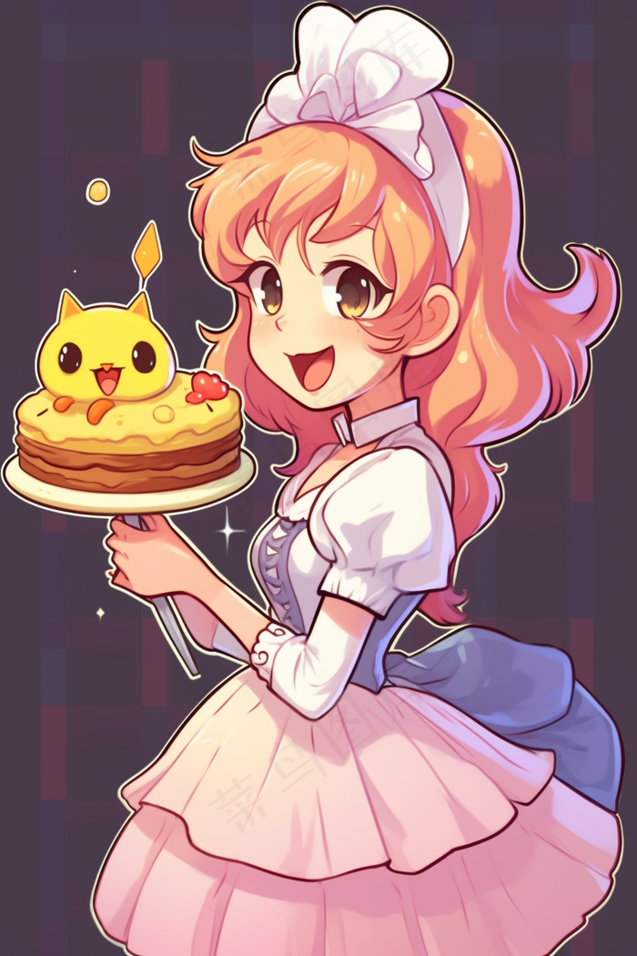 可爱少女捧着蛋糕女仆裙卡通插画背景(x)