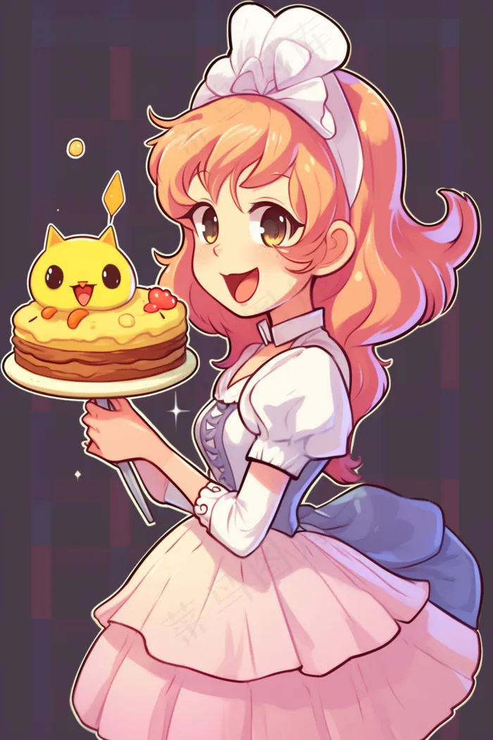 可爱少女捧着蛋糕女仆裙卡通插画背景(x)
