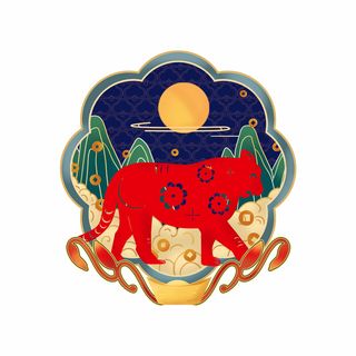 中国风国潮十二生肖虎手绘烫金插画春节剪纸元素PSD设计素材