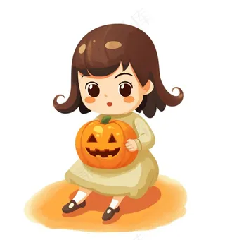 抱着南瓜的小女孩可爱卡通插画免抠