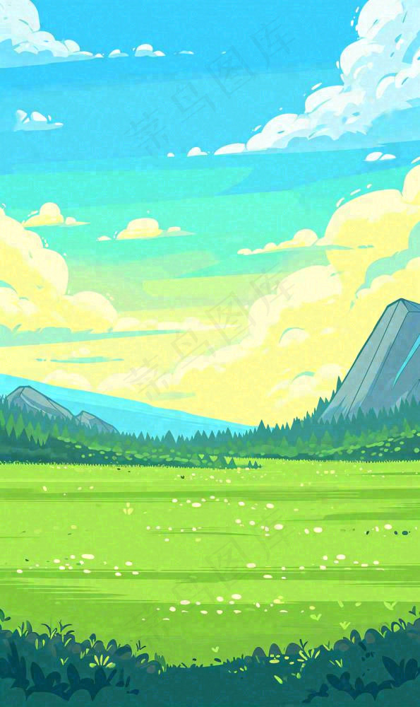 蓝天白云草地山脉插画手绘