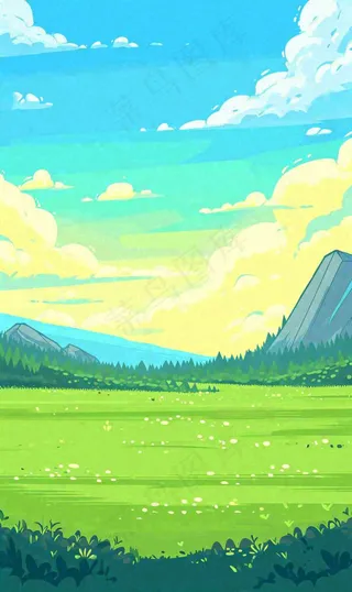 蓝天白云草地山脉插画手绘