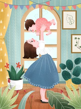 手绘卡通母亲节插画漫画素材