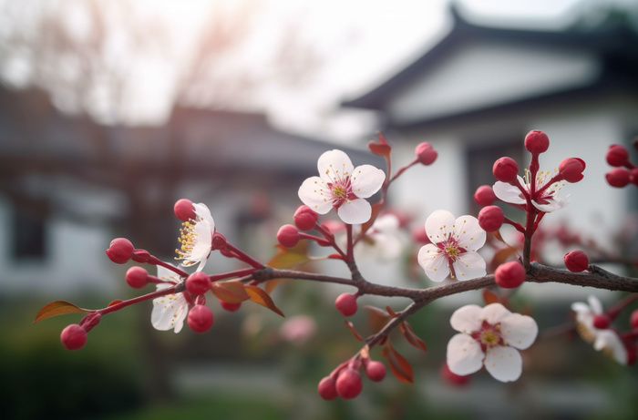 开花的中国传统梅花在阳光下摄影图壁纸(5440x3584)