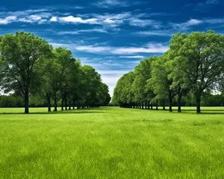 绿色的草地种着整齐的绿树摄影图