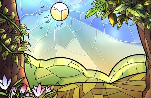 卡通平静的大教堂阳光绿树(分层)