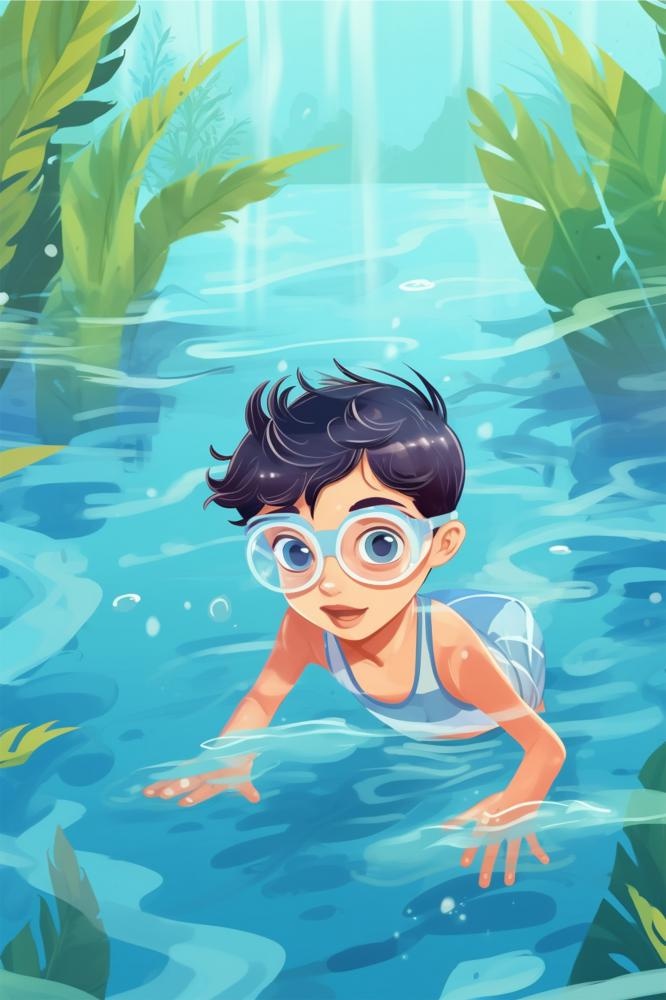 卡通人物游泳海洋清新海报背景