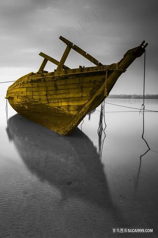 唯美高清木船风景画插画