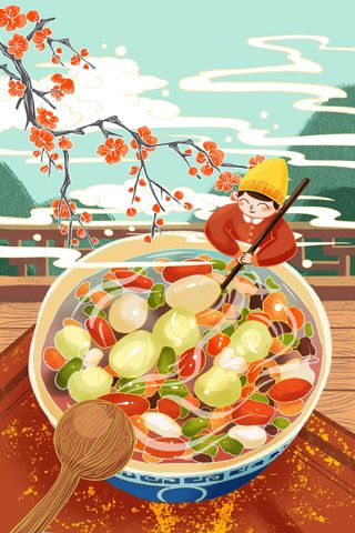 中国传统节日手绘卡通腊八节腊八粥插画海报PSD格式设计素材