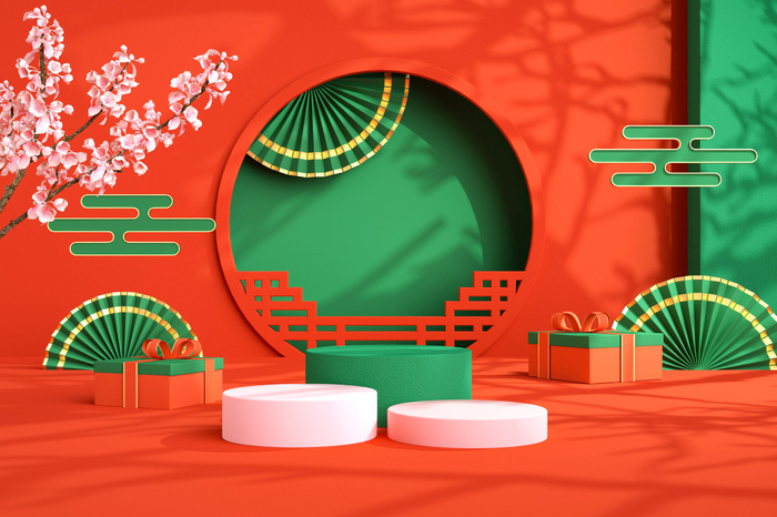 中国风古典喜庆C4D背景图3D国潮场景促销活动海报PSD设计素材模板