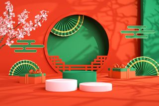 中国风古典喜庆C4D背景图3D国潮场景促销活动海报PSD设计素材模板