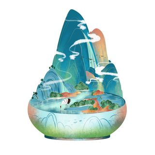 时尚微景观山水装饰庭院祥云中式国潮风插图插画元素素材设计模板