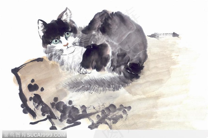 水墨画花猫图