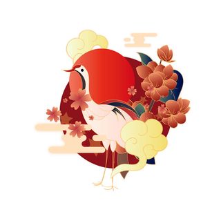 中国风国潮仙鹤山水插画手绘元素场景AI设计模板