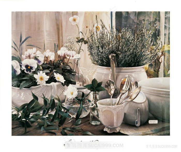 唯美花卉花瓶静物油画