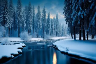 冬季下雪森林深处的湖泊河流摄影图