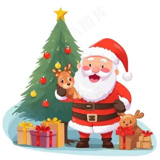 圣诞老人圣诞树礼物卡通插画免抠