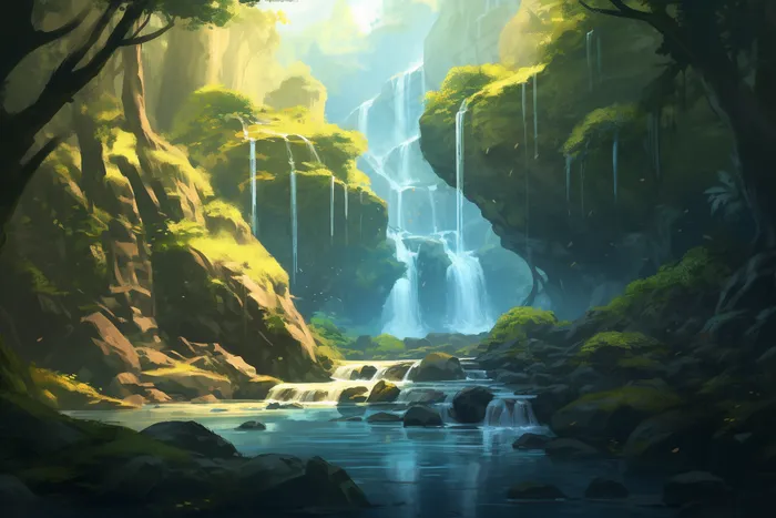 森林瀑布河流场景插画背景(4032x2688)