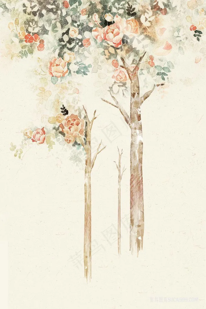 水彩树高清复古插画